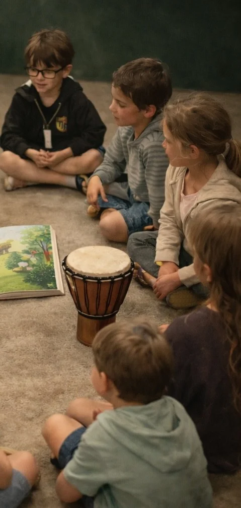 Student playing drums on stage during school musical performance