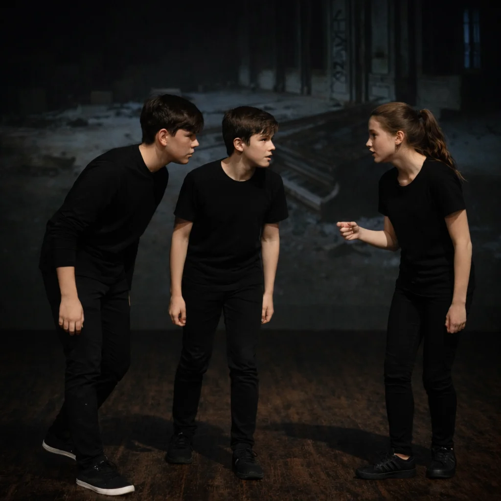 Three students performing together on stage in school musical